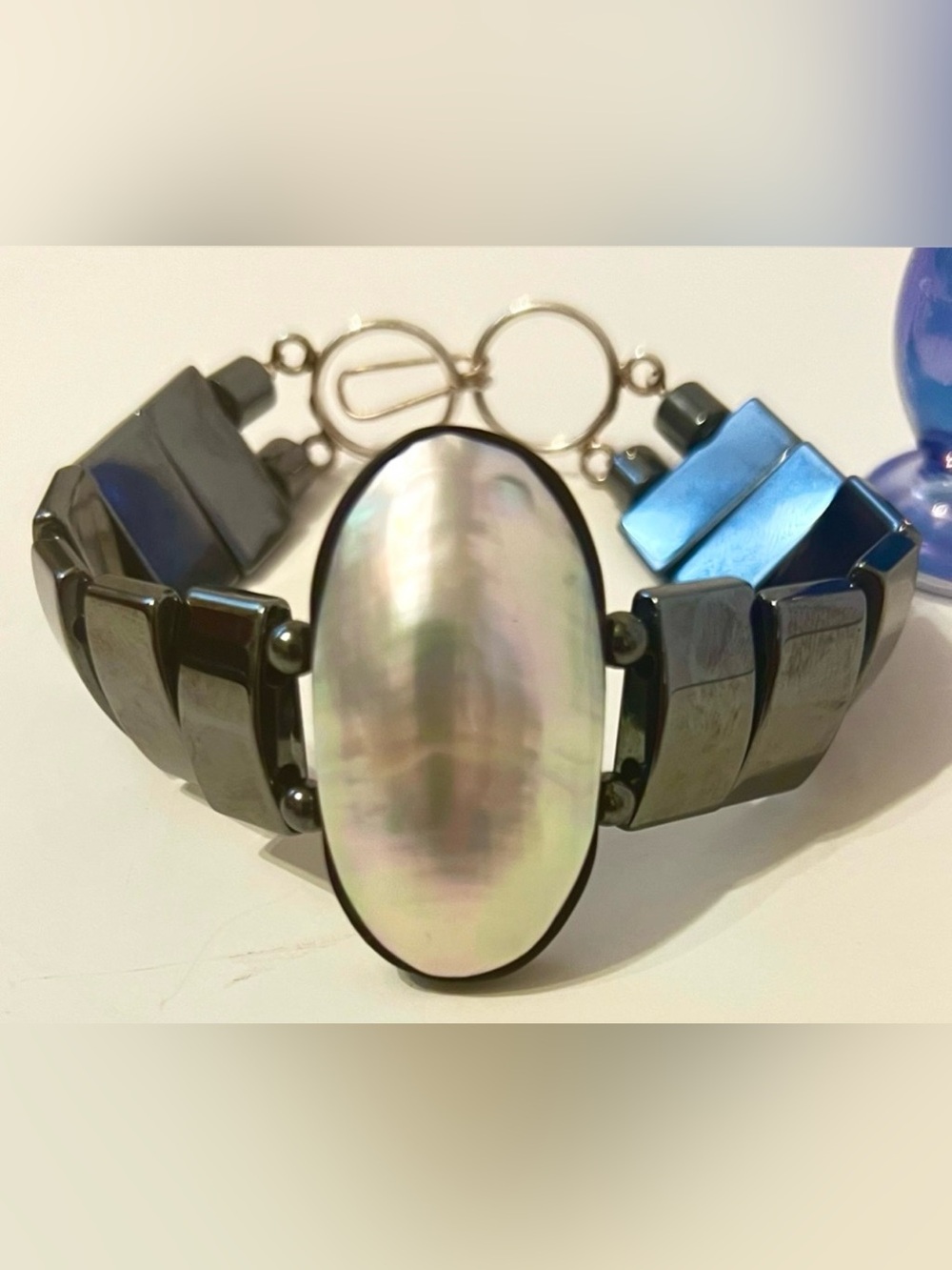 Handcrafted Genuine Hematite Large Mabe Pearl Statement Bracelet 8.5"